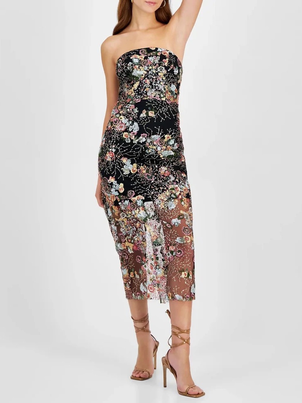 Strapless Floral Embroidered Midi Dress - Black Multi